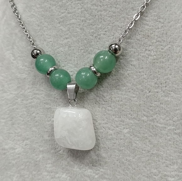 Quartz Crystal Aventurine Beaded Necklace Natural Gemstone Pendant Stainless 20" - Picture 4 of 15